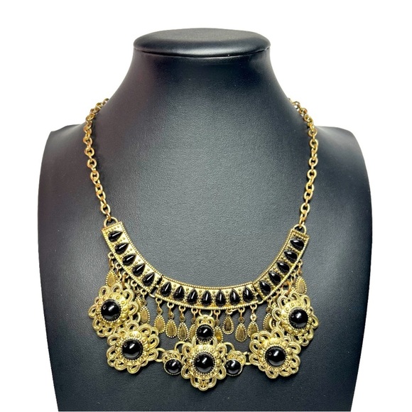 Maddy Golden Black Stone Filagree Chunky Statement Necklace - Picture 1 of 6